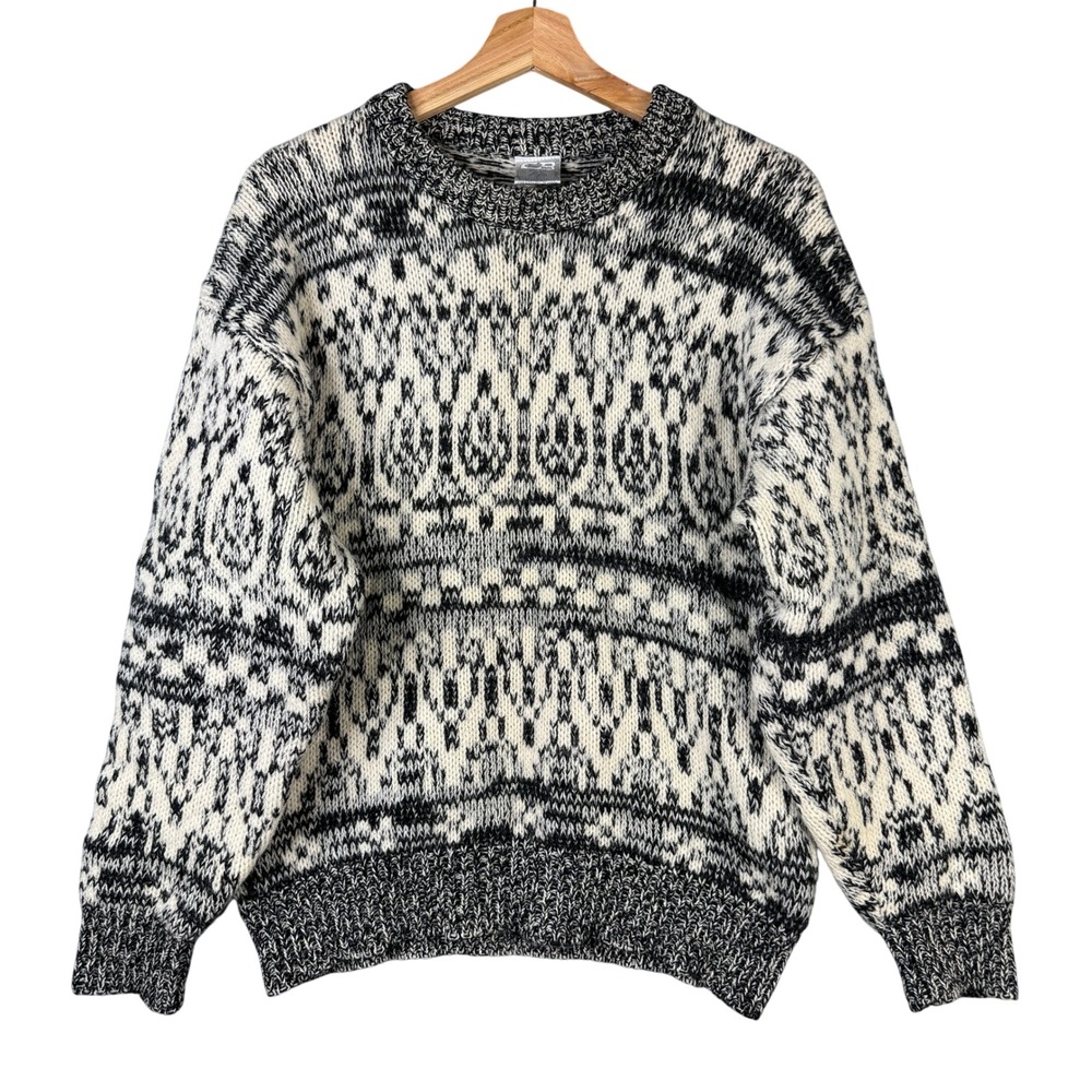 CB Sports Mens M Shetland Wool Sweater Nordic Fair Isle Black White Vintage 90s